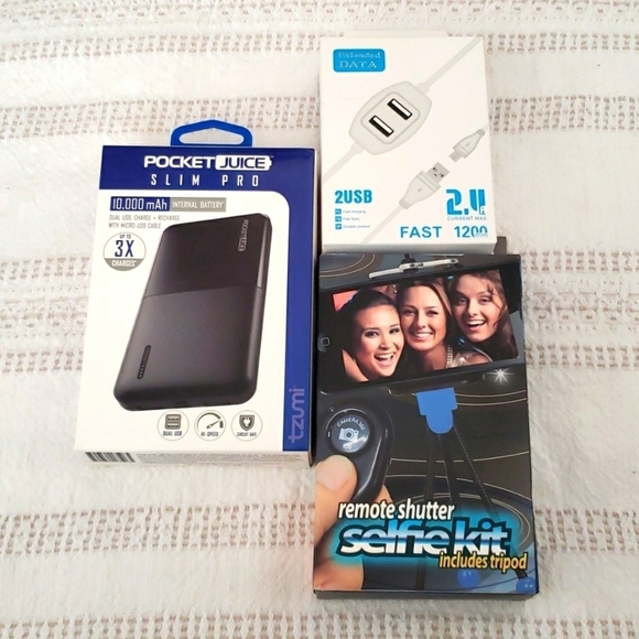 Selfie stick tripod, double charging cable, pocket juice portable charger - Picture 1 of 9